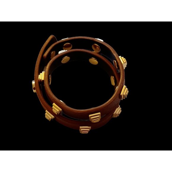 Tory Burch Brown Leather Gold Tone Studded 15.5" Long Wrap Bracelet - Picture 7 of 8